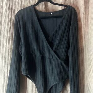Black Ribbed Wrap Top